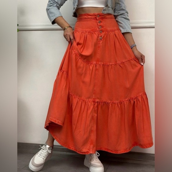 Free People Dreamweaver Denim Maxi Skirt In Firecracker Orange | We The Free - Picture 1 of 14